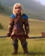 Placeholder: strong medieval warrior with short blond hair, blue eyes and wide warm smile with an axe with green and brown clothes