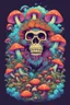 Placeholder: Psychedelic monkey skull surrounded by clouds and overgrown with psychedelic mushrooms. Digital drawing. Colorful. t-shirt design