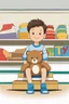 Placeholder: a young boy sitting on a shelf holding a teddy bear,7 years old, shirt