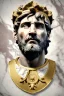 Placeholder: Ultra Realistic image, Roman sculpture, white marble material, Lionel Messi, gold Laurel leaves wreath, renaissance ornaments, one gold star in heart, marble and gold ornaments background, chisel style, waist up portrait, emperor style, epic, celestial, cinematic lighting, God light, god rays, 4k resolution, smooth details, ornate details, soft lighting, unreal engine 5, art station, substance 3d.