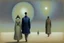 Placeholder: two humans seen from behind walking side by side in an empty foggy plain, above there is blue sky by artist "Leonora Carrington",by artist "Christian Schloe",by artist "Kay Sage"