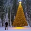 Placeholder: Huge lonely Christmas tree full of lights in a dark snowy forest, warm glow, small human standing next to it, dramatic scène, flying saucer