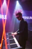 Placeholder: French cool synth player with crazy techno acid hair, he is called "Jean-Maurice Brûlée" performing at dance club, his name is "Jean-Maurice Brûlée" , white and orange Neon lights and oraNGE smog, and "URINIUM" big sign on the wall, he is playing on synthesizers on stage with lot of laser beams and wearing black sunglasses, an earth is projected in background