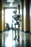 Placeholder: aging robot looking old, walking down hospital corridor using crutches, zeiss prime lens, bokeh like f/0.8, tilt-shift lens 8k, high detail, smooth render, down-light, unreal engine, prize winning