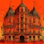 Placeholder: A dark orange colored cybernetic palace designed in Bayeux tapestry painted by Pieter Bruegel the Elder