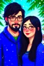 Placeholder: Christmas scene, dark haired couple, man with short black beard and glasses, woman with long hair and no glasses, blue eyes, young couple, graphic