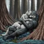 Placeholder: an anthropomorphic wolf-man hybrid in dark gray body hair and anthropomorphic wolf-female hybrid with pale gray body hair lie down hugging each other with paws on their backs on blue-green moss around brown huge trunks trees, raini day, high contrast, high detalied, high realistic, around in background giant tall alien trees, atmospheric, dark fantasy, sci-fi mood