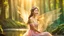 Placeholder: A gorgeous smiling Asian model in a fairy outfit with great glittering wings in a magic forest with 1000 y/o trees, a small torrent, loads of mini flowers, moss, sun rays through the branches, particles in the air at dawn