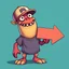 Placeholder: cartoon monster wearing a ballcap and T-shirt holding an arrow sign on solid color background
