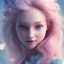 Placeholder: cheerful fairy, big smile, pink, blonde hair, beautiful, whole face, whole top hair head, wide open blue eyes, transparent wings onn the back, hyperrealism, masterpiece, expert, cinematic lighting, sharp focus, 8K, pastel, macro lens, woman, detailed, flower