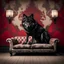 Placeholder: Hyper Realistic Dark Fancy Lounge with black wolf sitting on a Fancy Couch & Grungy Red Damask Texture on Rustic off-white Wall with peeling & vignette effect at night