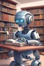 Placeholder: The library is serviced by computers, and there are many books on the shelves. The robot sits at the table and searches for books in the catalog in the computer Expression. High-quality drawing, 8K