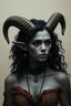 Placeholder: Grey skinned tiefling woman black curly hair goat horns