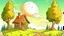 Placeholder: Cartoon style: far far away on the horizon between trees, a small wooden house