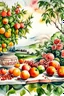 Placeholder: watercolor ,still life with rozes and fruits,, maTny colors, detailed, colorize, white background a hills, surrounded by green cypress trees and blooming fields. Infuse the scene with sunlight, conveying a cozy and tranquil atmosphere. a white background 9:11