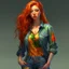 Placeholder: pretty girl, aged 18, ginger, conventionally attractive, colourful clothes, realism, jeans, curvy