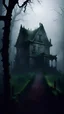 Placeholder: Scary haunted house, thick fog, atmosphere of darkness, overgrown forest, horror, depressing atmosphere