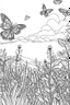 Placeholder: A meadow filled with colorful butterflies fluttering about symbolizes the beauty and freedom of the natural world.., coloring book page, simple and clean line art, adult drawing book, black and white, crisp black lines, no shades, sharp lines, coloring book for adults, cartoon style, landscape