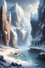 Placeholder: Fantasy, Icy landscape in a beach cove surrounded by steep cliffs, with 3 building and a harbor