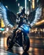 Placeholder: Facing front view A full length Beautiful humanoid Angel ,straddle wings ,mixed with a body cyborg,driving motorsport Ducati futuristic on street futuristic cyberpunk city night, 8k ultra detail photography