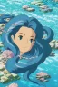 Placeholder: a beautiful mermaid with blue hair and shimmering tail, rock, calm water, fish, beautiful colors, fine detail, high quality, seashell, octopus,