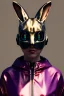 Placeholder: Medium Close Up Portrait, Front image. cyberpunk, rabbit mask, Asian woman, pink hair. latex tracksuit. Red, black, gold, color. Cyber style. Color background, photo studio. Avatar image, highly detailed, concept art, smooth, unreal engine 5, god rays, ray tracing, RTX, lumen lighting, ultra detail, volumetric lighting, 3d, finely drawn, high definition, high resolution.