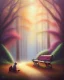 Placeholder: park mystical dream, park bench, man, woman, child, dog, trees, path, bird, sunshine, mystical, fantasy, romanticism, pastel colors, daylight, daytime, acrylic painting, detailed, soft focus,