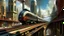 Placeholder: masterpiece, Italian futurism style, train track, buildings, carriage, cityscape