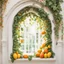 Placeholder: A window in white with an arch decorated with mangoes and light green leaves and soft orange bright colors.