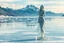 Placeholder: in a frozen sea with pretty mountains a full model lady statue with long curvy hair made and midi jeweled dress made of frozon water in artist pose standing over frozon water looking at camera, of clear glass like ice that going to melt and water drops fall from all body.