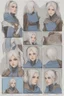 Placeholder: Dnd character sheet. A female Aaismar twilight cleric with white hair and blue eyes, wearing gray robes. Etreal, beautiful