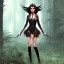 Placeholder: steampunk, dark forest, black hair, long legs, leather clothes