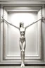 Placeholder: a tall slender woman is standing in front of a large white picture frame displayed on the wall of an art gallery. The frame is traditional in style but looks like and has the texture of white clay. Her arms are outstretched like da vinci’s vetruvian man, and the length of her arms and body corresponds to the width of the picture frame. Her feet are perched on a surreal small shadow rock and it looks like she is floating above calm water. The picture is without canvas but an abstract landscape em