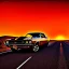 Placeholder: muscle car, desert road, sunset, full colour,