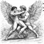 Placeholder: [a chaotic pen sketch with a lot of strokes in stippling] Jacob wrestling with angel