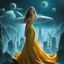 Placeholder: A breathtaking cosmic fantasy scene featuring a stunningly realistic beautiful woman with a perfect face and sculpted figure standing gracefully at the citycenter of a floating CIFI town with Space craft landed over it. Surrounding her are CIFI buildings in deep space. She wears an elegant flowing gown in vibrant gold and blue hues that billow around her perfect form.