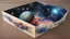 Placeholder: a box 10 cm long by 5 cm wide and 25 cm high, drawn on a box on all sides, space, tress, planets, galaxies a lot of colours, very realistic