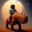 Placeholder: 1yo little boy is on safari on the moon. riding on the red dinosaur bike. he has big and a funny hat. High detailed. Cinematic. oil on canvas painting. Warm lights. beksinski