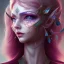 Placeholder: An elf with crystal blue eyes and magenta hair, teardrop shaped eyebrows, woman, angry expression