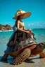 Placeholder: Best angle view realistic photoshoot full body beautiful Supermodel sitting on ridding Big large turtle,she wearing luxurious shimmer hat large made from borroque elements flowers sea, sea shore.Sony Alpha 7 50mm realistic photography