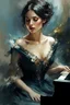 Placeholder: Brunette Thin Caucasian Woman 30yo Black Short Straight Bob Hair, Beautiful Makeup, wearing a victorian dress, playing a piano and singing, mysterious esoteric atmosphere :: digital matt painting with rough paint strokes by Jeremy Mann + Carne Griffiths + Leonid Afremov