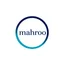 Placeholder: A circular logo with the name (mahroo) designed for a cosmetics store with the symbol of the moon and turquoise and indigo colors and a blue and black circle around the work with cosmetics and nail polish, lipstick, cologne and body spray
