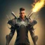 Placeholder:  male fantasy super hero full body , with grey suit,sord in right hand fire effect , plain background 4k image