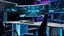 Placeholder: close up in the foreground a big hd pc monitor stands on a modern desk with black monitor, in the background a futuristic studio, ((blue and white neon lights)), a couple of modern, black office chairs, detalied, photo