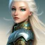 Placeholder: D&D cleric, female, platinum blonde hair, happy, teal armor, gold eyes