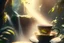 Placeholder: steaming tea in a beautiful china cup on a wooden table, rainforest and a waterfall in the distance in sunshine, ethereal, cinematic postprocessing, bokeh, dof