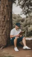 Placeholder: A man wears a white Dad Hat and wears glasses and is busy reading with a tree behind him, high resolution, and the image focuses on the Dad Hat