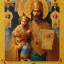 Placeholder: patron of photographers holding a camera in one hand and film roll in the other. orthodox icon with saint photographer. Cyrillic inscriptions. hyperdetailed, Alphonse Mucha, Zdzisław Beksiński, poster, illustration, ink, oil on canvas, 18th century atlas