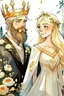 Placeholder: Men and blond women, couple, wedding, married, white dress, beard, summer, flowers, portrait, painting, Cartoon Princess, fairy tale, drawing, sketch, lines, ink