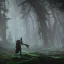 Placeholder: guerrière heroic fantasy dans une forêt de sapins sur un astéroide